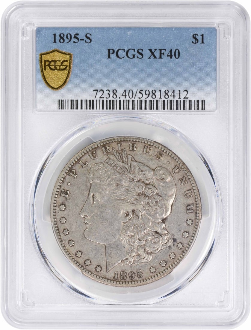 1895-S Morgan Silver Dollar EF40 Certified PCGS: 1895-S Morgan Silver Dollar EF40 Certified PCGS This 1895-S Morgan Silver Dollar, graded EF40 by PCGS, is a remarkable piece of numismatic history. Struck at the San Francisco Mint, this coin features