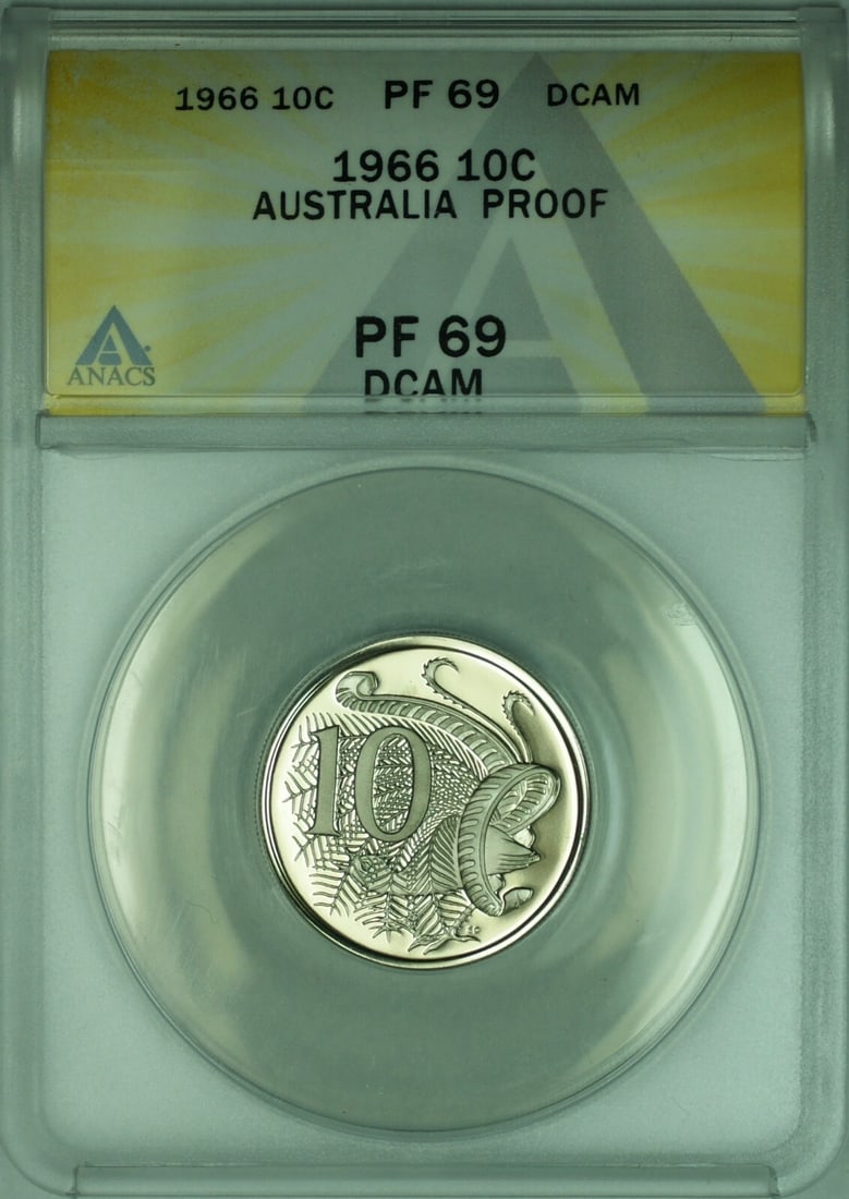 Australia 1966 Proof 10 Cent Copper-Nickel Coin ANACS PR69 Deep Cameo: Australia 1966 Proof 10 Cent Copper-Nickel Coin ANACS PR69 Deep Cameo This 1966 Australia proof 10 cent coin is graded ANACS PF-69 DCAM, indicating a high-quality proof finish. The coin is composed of