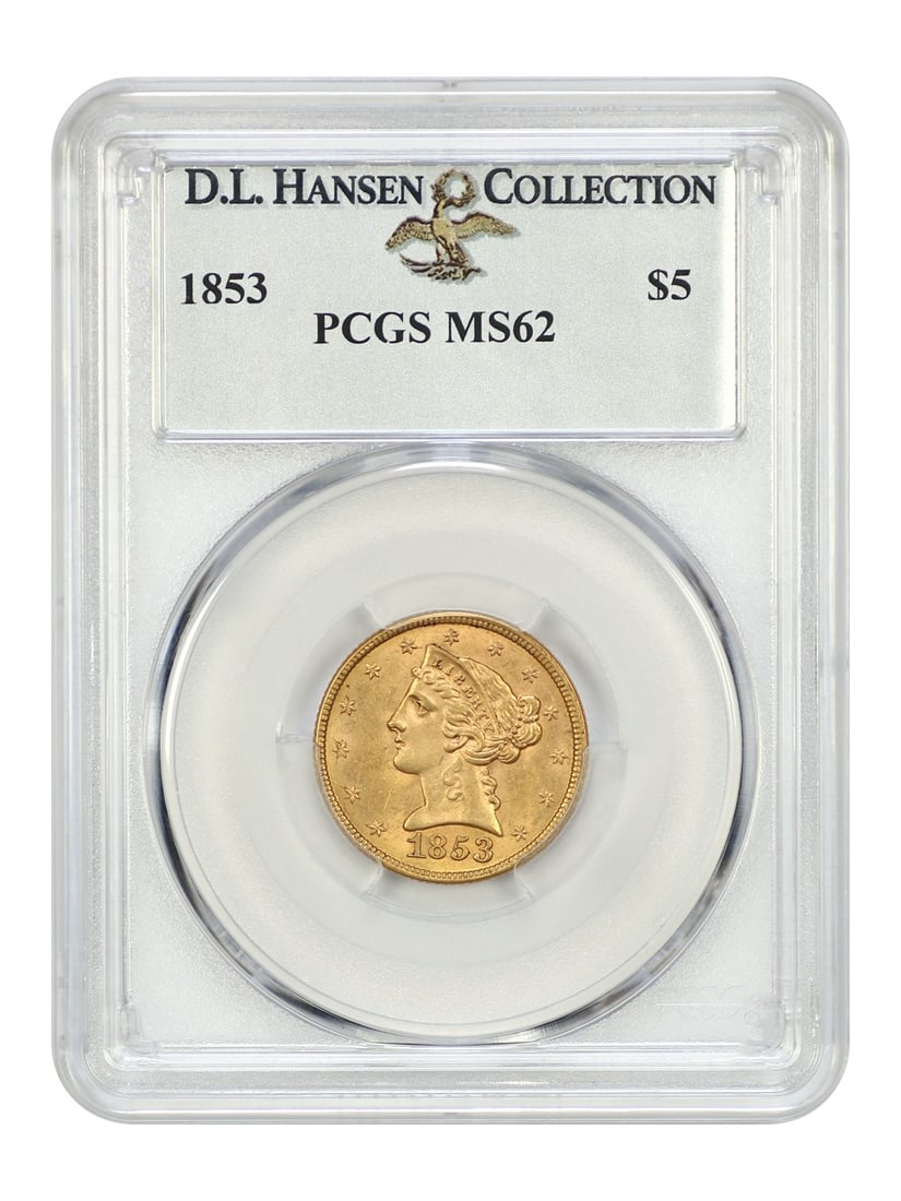 1853 Liberty Head $5 Gold Coin PCGS MS62 No Motto D.L. Hansen: 1853 Liberty Head $5 Gold Coin PCGS MS62 No Motto D.L. Hansen This 1853 Liberty Head $5 gold coin is certified by PCGS with a grade of MS62, indicating its uncirculated condition. Struck in Philadelph