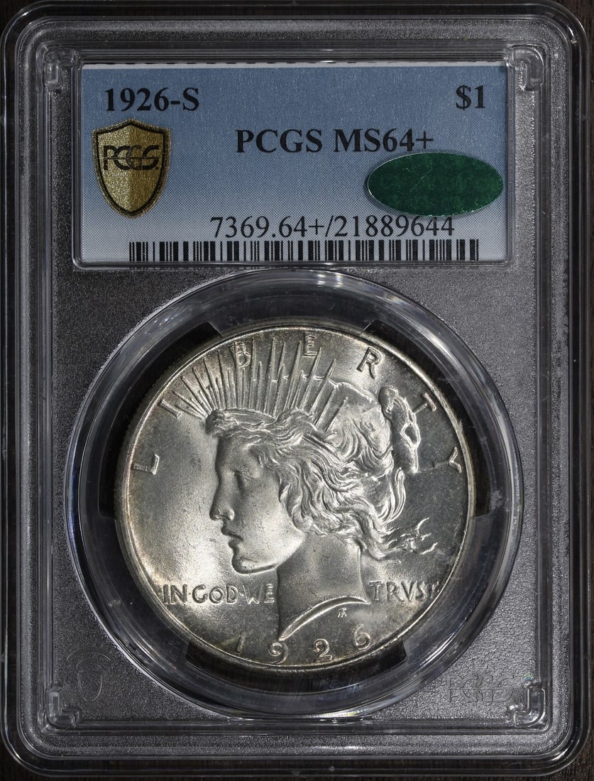 1926 San Francisco Peace Dollar MS64 Plus CAC PCGS Certified Silver Coin: 1926 San Francisco Peace Dollar MS64 Plus CAC PCGS Certified Silver Coin This is a 1926-S Peace Silver Dollar graded MS64+ by PCGS and verified by CAC, featuring a better date in the series. The coin