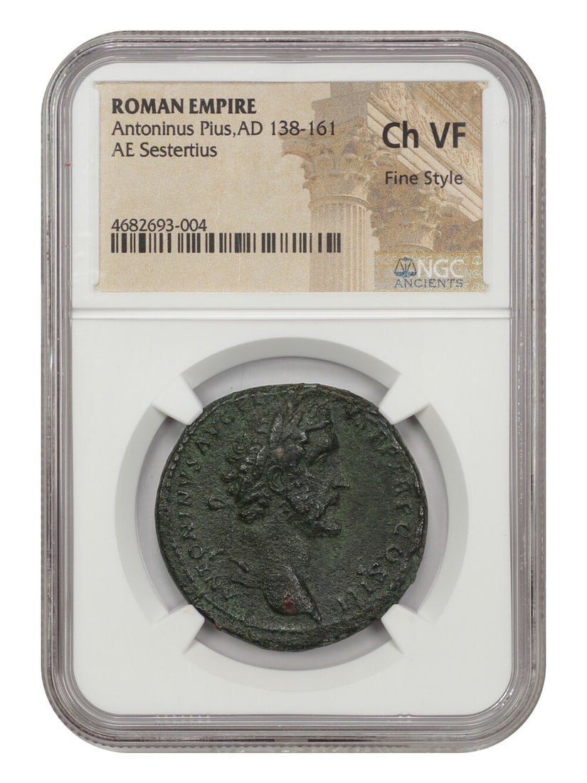 Ancient Roman AE Sestertius Antoninus Pius NGC Choice VF Certified: Ancient Roman AE Sestertius Antoninus Pius NGC Choice VF Certified This Ancient Roman AE Sestertius features Antoninus Pius, who reigned from AD 138 to 161. The coin is certified by NGC, with a certif