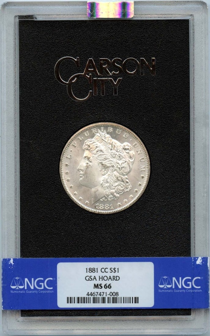 1881-CC Morgan Dollar NGC MS66 GSA Hoard Rainbow Reverse: 1881-CC Morgan Dollar NGC MS66 GSA Hoard Rainbow Reverse This 1881-CC Morgan Dollar is a stunning example from the GSA Hoard, graded MS66 by NGC, ensuring its outstanding condition. Struck at the Cars