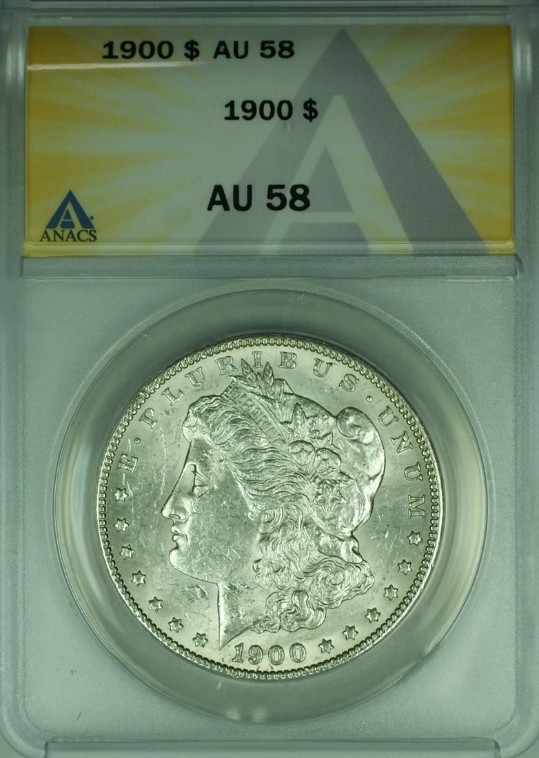 ANACS AU-58 1900 Morgan Dollar Silver $1 Coin Philadelphia Mint: ANACS AU-58 1900 Morgan Dollar Silver $1 Coin Philadelphia Mint This is a 1900 Morgan Silver Dollar $1 coin certified by ANACS with a grade of AU-58. Minted in Philadelphia, this circulated coin is co