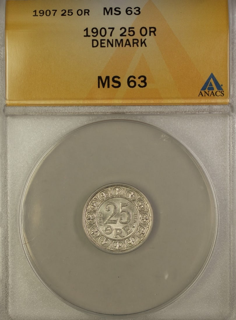Denmark 25 Ore Silver 1907 Coin Graded MS-63 by ANACS: Denmark 25 Ore Silver 1907 Coin Graded MS-63 by ANACS This is a 1907 Denmark 25 Ore silver coin that has been certified by ANACS with a grade of MS-63. The coin is uncirculated and composed of silver,