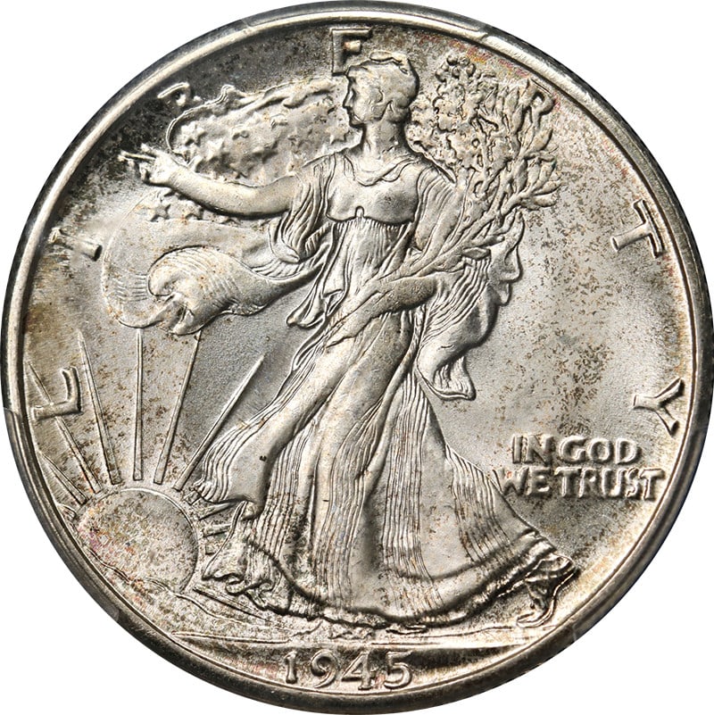 1945-D Walking Liberty Half PCGS MS67 Silver Uncirculated Strong Strike: 1945-D Walking Liberty Half PCGS MS67 Silver Uncirculated Strong Strike This stunning 1945-D Walking Liberty Half showcases superb eye appeal, with remarkable luster and a strong strike. It features o