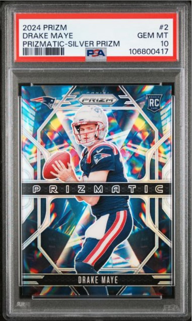 PSA 10 Drake Maye 2024 Prizmatic Silver Rookie Panini Prizm Card #2: PSA 10 Drake Maye 2024 Prizmatic Silver Rookie Panini Prizm Card #2 This is an original 2024 Panini Prizm Drake Maye #2 Prizmatic Silver Prizm rookie card, graded PSA 10 by Professional Sports Authent