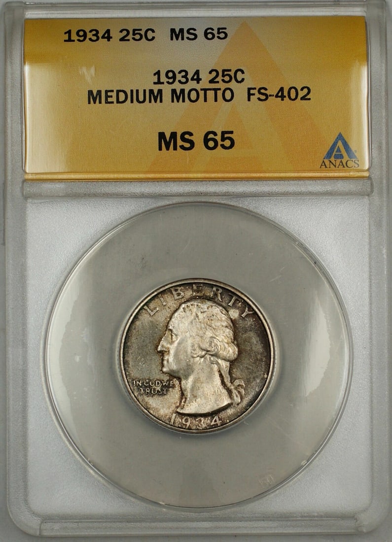 1934 Washington Quarter FS-402 Silver ANACS MS-65 Medium Motto Toned: 1934 Washington Quarter FS-402 Silver ANACS MS-65 Medium Motto Toned This 1934 Medium Motto Washington Silver Quarter is graded MS-65 by ANACS and features attractive toning, especially on the reverse