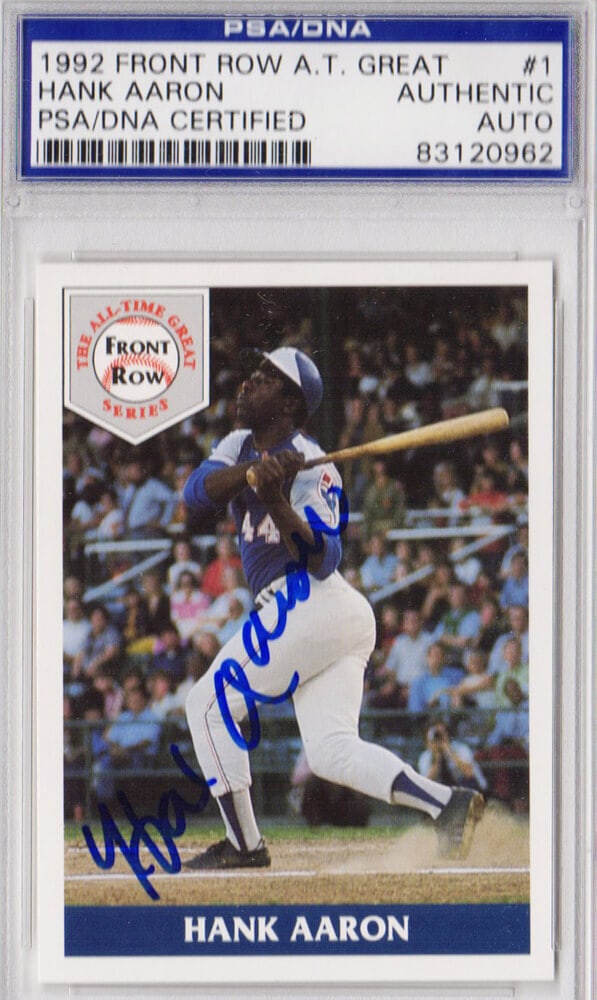 Hank Aaron Autographed Braves Front Row Card #1 PSA/DNA Authentic: Hank Aaron Autographed Braves Front Row Card #1 PSA/DNA Authentic This is a Hank Aaron autographed Atlanta Braves Front Row trading card #1, a remarkable collectible for any baseball enthusiast. The c