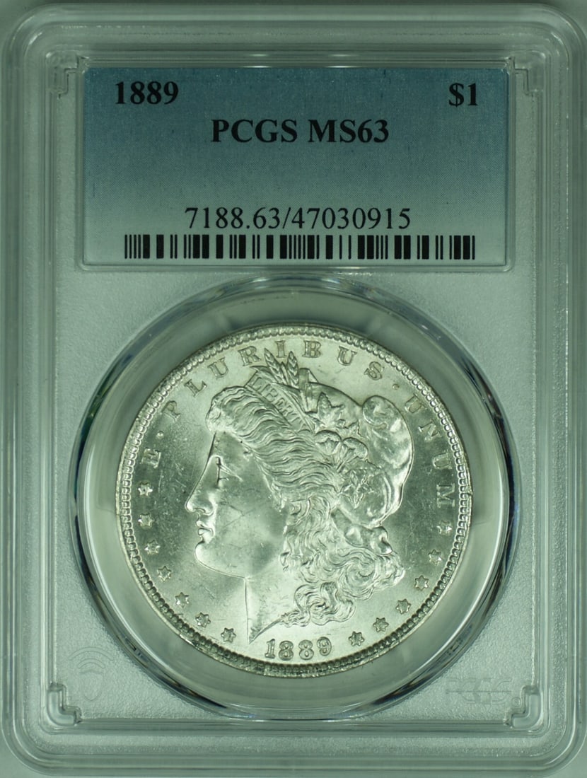 PCGS MS-63 Graded 1889 Morgan Silver Dollar Philadelphia Mint: PCGS MS-63 Graded 1889 Morgan Silver Dollar Philadelphia Mint This 1889 Morgan Silver Dollar coin is certified by PCGS with a grade of MS-63. Minted in Philadelphia, it is composed of 90% silver and r