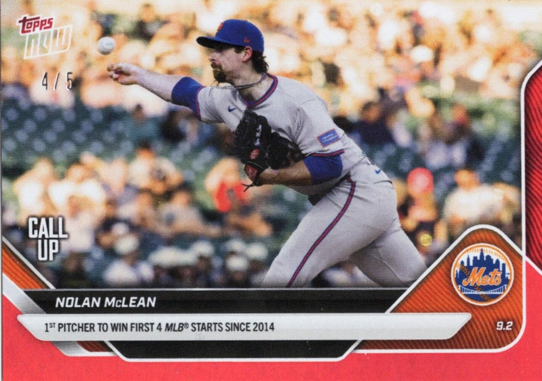 2025 Topps Now Nolan McLean Rookie #651 Red Foil /5 Authentic MLB Card: 2025 Topps Now Nolan McLean Rookie #651 Red Foil /5 Authentic MLB Card Introducing the 2025 Topps Now Nolan McLean #651 Red Foil /5 Rookie Baseball Card, a must-have for any baseball card collector an