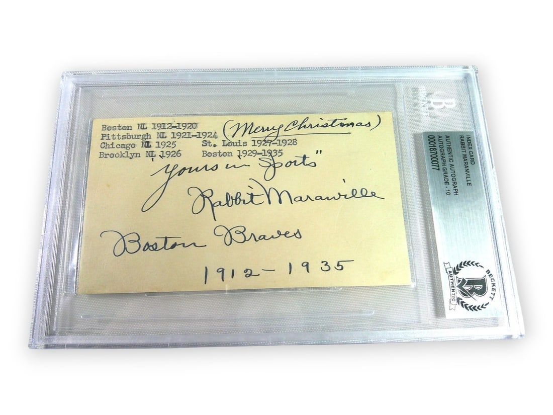 Beckett Authenticated Rabbit Maranville Signed Index Card Boston Braves: Beckett Authenticated Rabbit Maranville Signed Index Card Boston Braves This original index card features the autograph of Rabbit Maranville, who played for the Boston Braves from 1912 to 1935. The si
