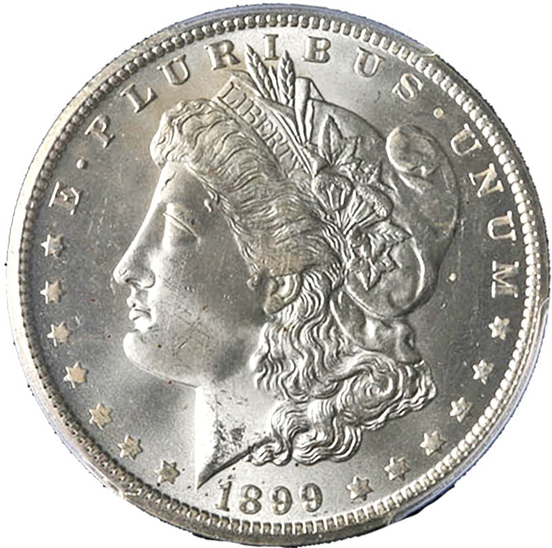 1899-O Morgan Silver Dollar PCGS MS65 Blazing White Gem Coin: 1899-O Morgan Silver Dollar PCGS MS65 Blazing White Gem Coin This stunning 1899-O Morgan Silver Dollar is certified by PCGS with a grade of MS65, signifying its uncirculated condition and impressive q