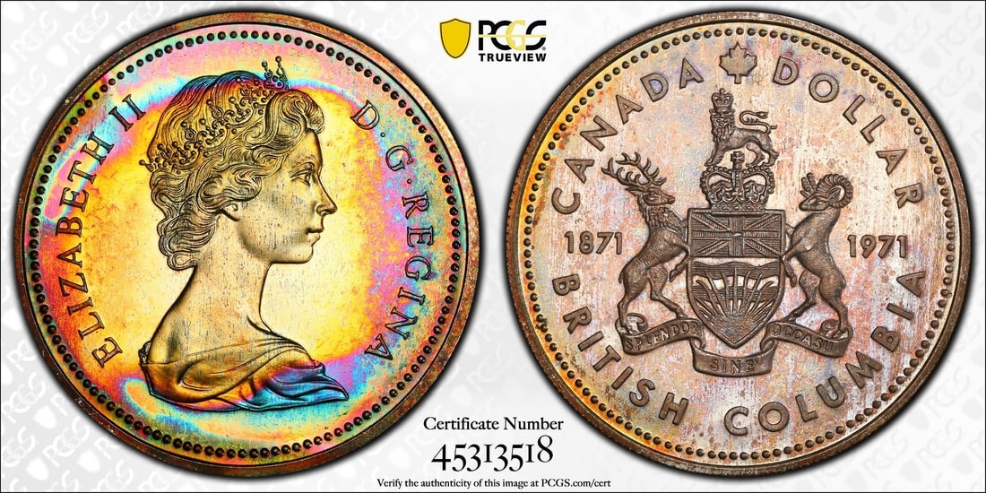 1971 Canada British Columbia Silver Dollar $1 PCGS SP66 Rainbow Toning: 1971 Canada British Columbia Silver Dollar $1 PCGS SP66 Rainbow Toning This stunning 1971 Canadian British Columbia Silver Dollar showcases exquisite rainbow toning. It is classified as uncirculated a