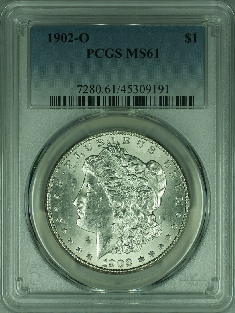 PCGS MS-61 1902-O Morgan Dollar New Orleans Mint Silver Coin: PCGS MS-61 1902-O Morgan Dollar New Orleans Mint Silver Coin This is a 1902-O Morgan Silver Dollar coin, certified by PCGS with a grade of MS-61. Minted in New Orleans, this uncirculated coin features