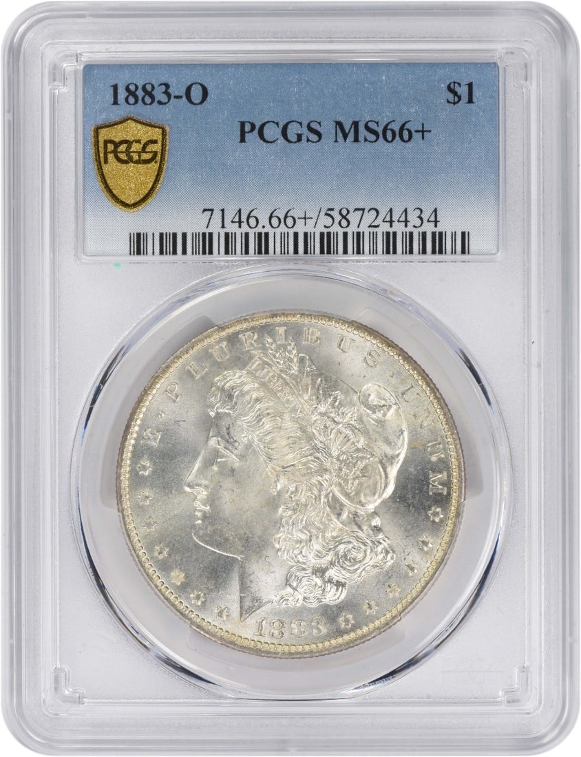 PCGS MS66 Plus 1883 O Morgan Dollar 90 Silver New Orleans Mint: PCGS MS66 Plus 1883 O Morgan Dollar 90 Silver New Orleans Mint This 1883-O Morgan Silver Dollar is certified by PCGS and graded MS66+. Struck at the New Orleans Mint, this uncirculated coin is compose