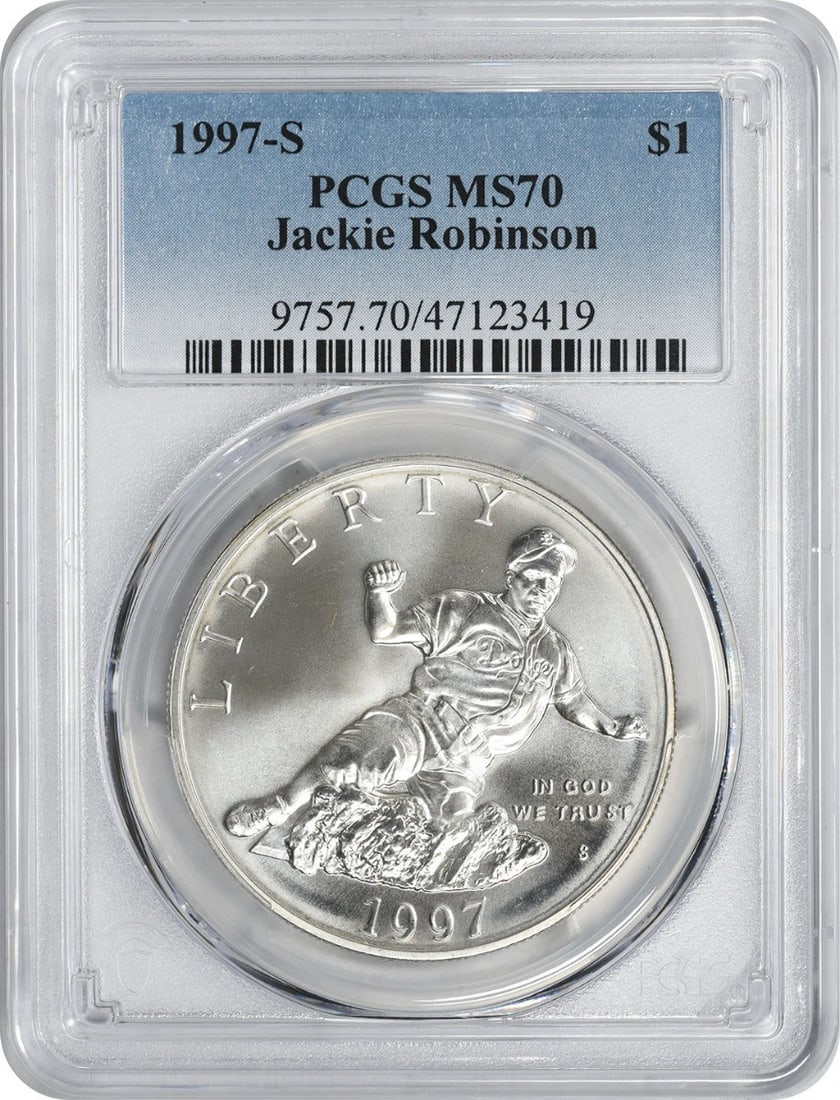 PCGS MS70 1997-S Silver Dollar Jackie Robinson Commemorative Coin: PCGS MS70 1997-S Silver Dollar Jackie Robinson Commemorative Coin This 1997-S Jackie Robinson Silver Commemorative Dollar is graded MS70 by PCGS, indicating it is in Mint State 70 condition. Struck at