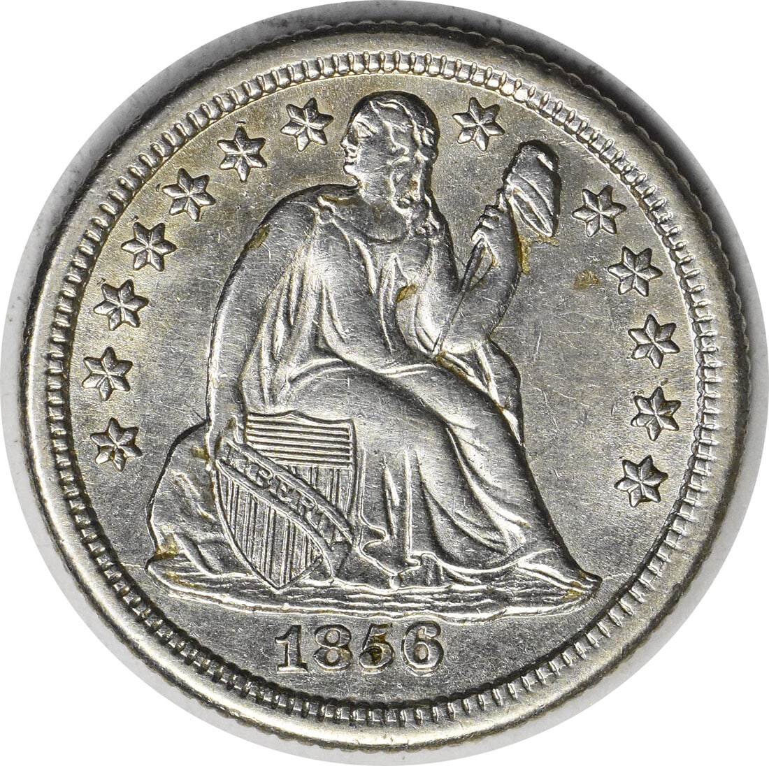 1856-O Seated Liberty Dime AU Grade New Orleans Uncertified Silver Coin: 1856-O Seated Liberty Dime AU Grade New Orleans Uncertified Silver Coin This 1856-O Liberty Seated Silver Dime was minted in New Orleans and features the classic Seated Liberty design by Christian Gob
