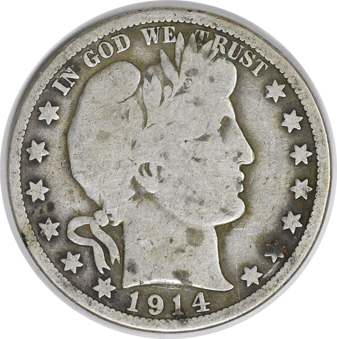 1914 Philadelphia Barber Half Dollar 90 Percent Silver VG Grade Uncertified: 1914 Philadelphia Barber Half Dollar 90 Percent Silver VG Grade Uncertified This 1914 Barber Half Dollar was minted in Philadelphia and features the design by Charles E. Barber. Struck in 90% silver a