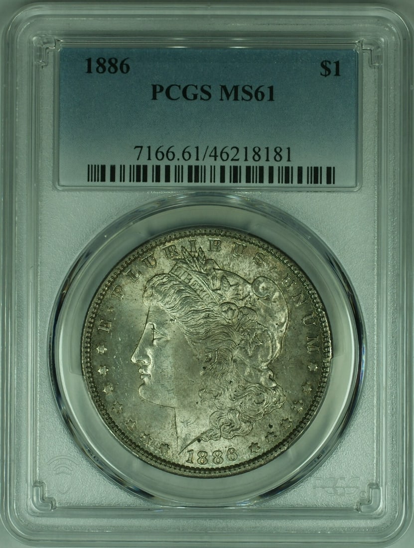 PCGS MS-61 1886 Morgan Dollar with Toning Philadelphia Mint Silver $1 Coin: PCGS MS-61 1886 Morgan Dollar with Toning Philadelphia Mint Silver $1 Coin This 1886 Morgan Silver Dollar features a 0.9 fineness silver composition and is certified by PCGS with a grade of MS-61. Str