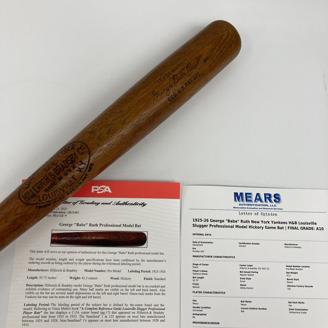 Babe Ruth 1925-1926 Game Used Bat PSA 9 MEARS 10 COA Yankees: Babe Ruth 1925-1926 Game Used Bat PSA 9 MEARS 10 COA Yankees This extraordinary game-used bat from Babe Ruth, dating back to the 1925-1926 baseball seasons, features the iconic H&B Louisville Slugger