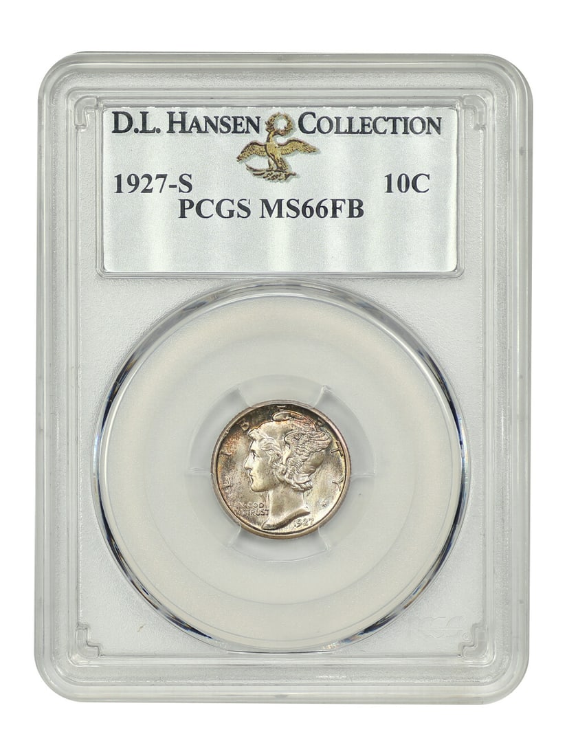 1927-S Mercury Dime PCGS MS66FB Full Bands D.L. Hansen Provenance: 1927-S Mercury Dime PCGS MS66FB Full Bands D.L. Hansen Provenance Presenting a stunning 1927-S 10C Mercury Dime, graded MS66FB by PCGS, showcasing exceptional quality and rarity. This uncirculated gem