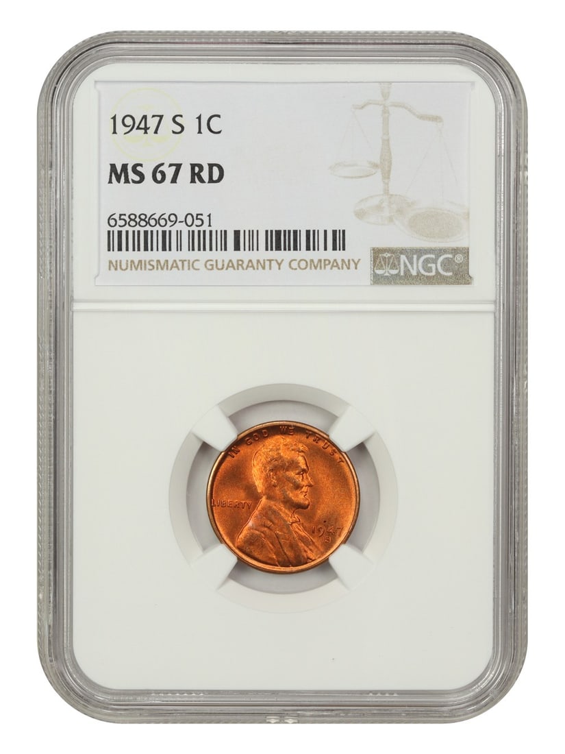 NGC MS67RD 1947-S Lincoln Wheat Cent Premium Uncirculated Red Example: NGC MS67RD 1947-S Lincoln Wheat Cent Premium Uncirculated Red Example This is a 1947-S Lincoln Cent (Wheat Reverse) graded MS67RD by NGC. The coin is uncirculated and features a fully red color with e