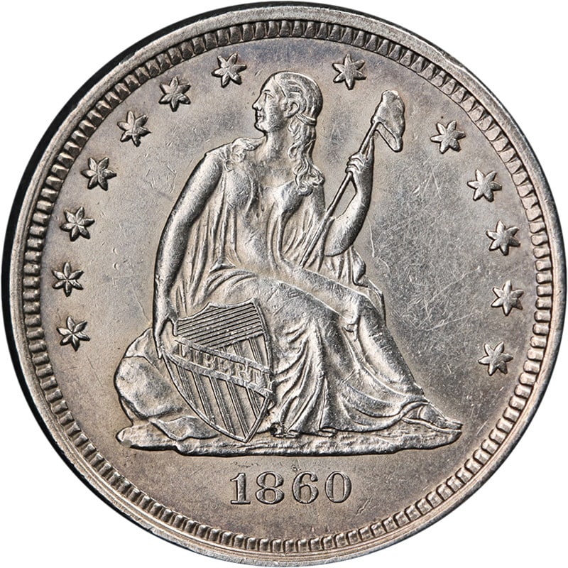 Silver 1860-O Seated Liberty Quarter Uncirculated With Attractive Luster: Silver 1860-O Seated Liberty Quarter Uncirculated With Attractive Luster This 1860-O Seated Liberty Quarter is an uncirculated silver coin featuring a strong strike and attractive luster. The coin has