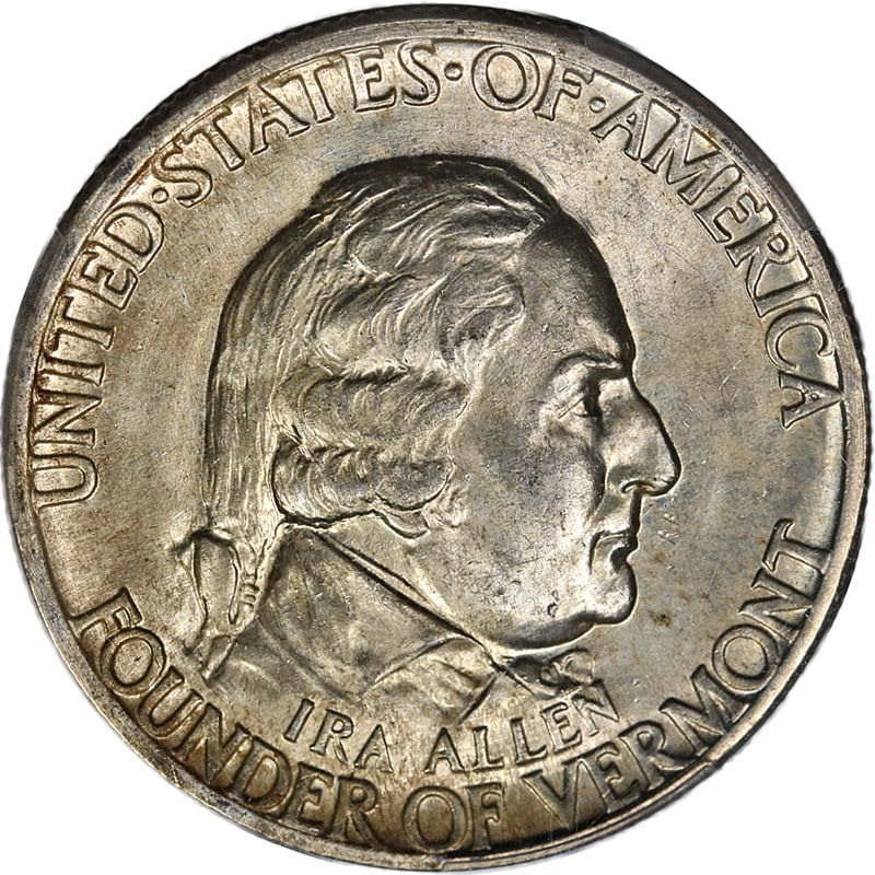 1927 Vermont Commemorative Half Dollar PCGS MS64 Silver Coin: 1927 Vermont Commemorative Half Dollar PCGS MS64 Silver Coin This stunning 1927 Vermont Commemorative Half Dollar features exceptional eye appeal, showcasing fantastic luster and a strong strike that