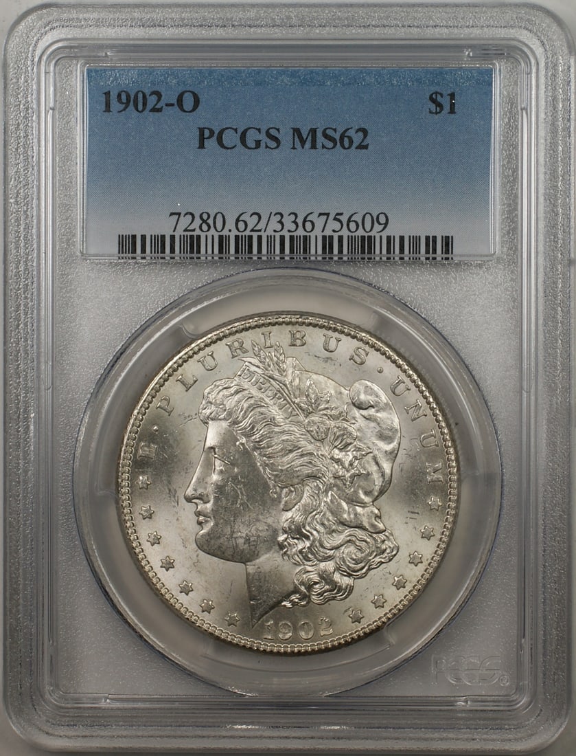 PCGS MS62 1902-O Morgan Silver Dollar Uncirculated New Orleans Mint Coin: PCGS MS62 1902-O Morgan Silver Dollar Uncirculated New Orleans Mint Coin This is a 1902-O Morgan Silver Dollar $1 coin graded MS-62 by PCGS. Struck at the New Orleans Mint, this uncirculated coin is c
