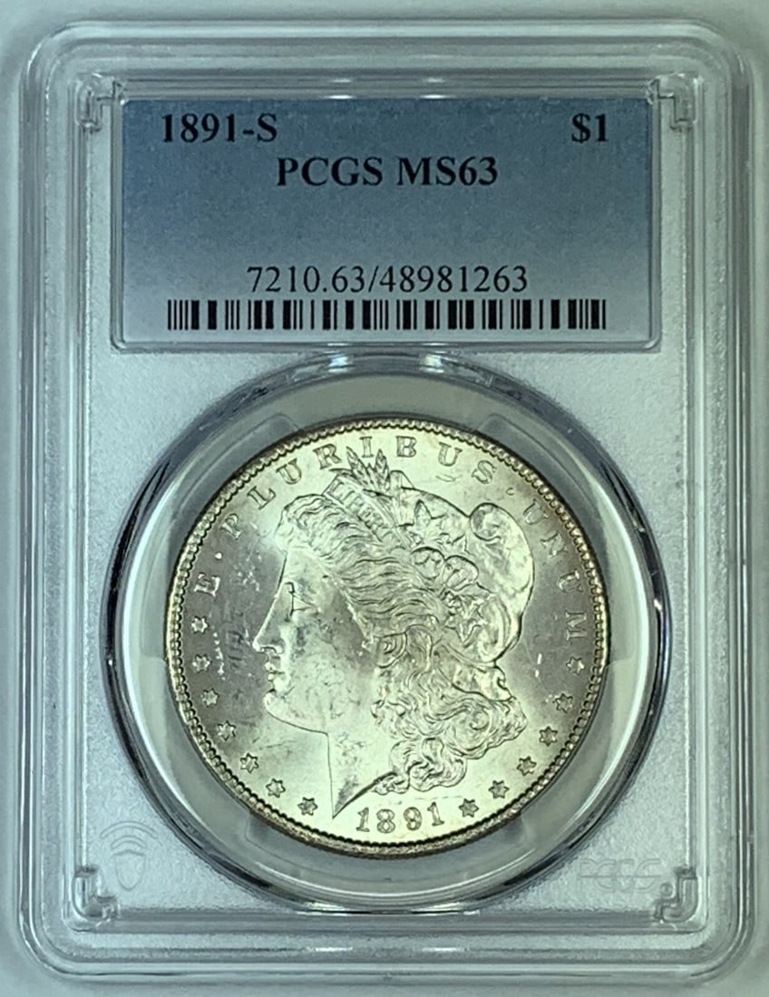 PCGS MS 63 1891-S Morgan Silver Dollar San Francisco Mint Certified Coin: PCGS MS 63 1891-S Morgan Silver Dollar San Francisco Mint Certified Coin This 1891-S Morgan Silver Dollar is an uncirculated coin graded MS 63 by PCGS. Minted in San Francisco, it features the classic