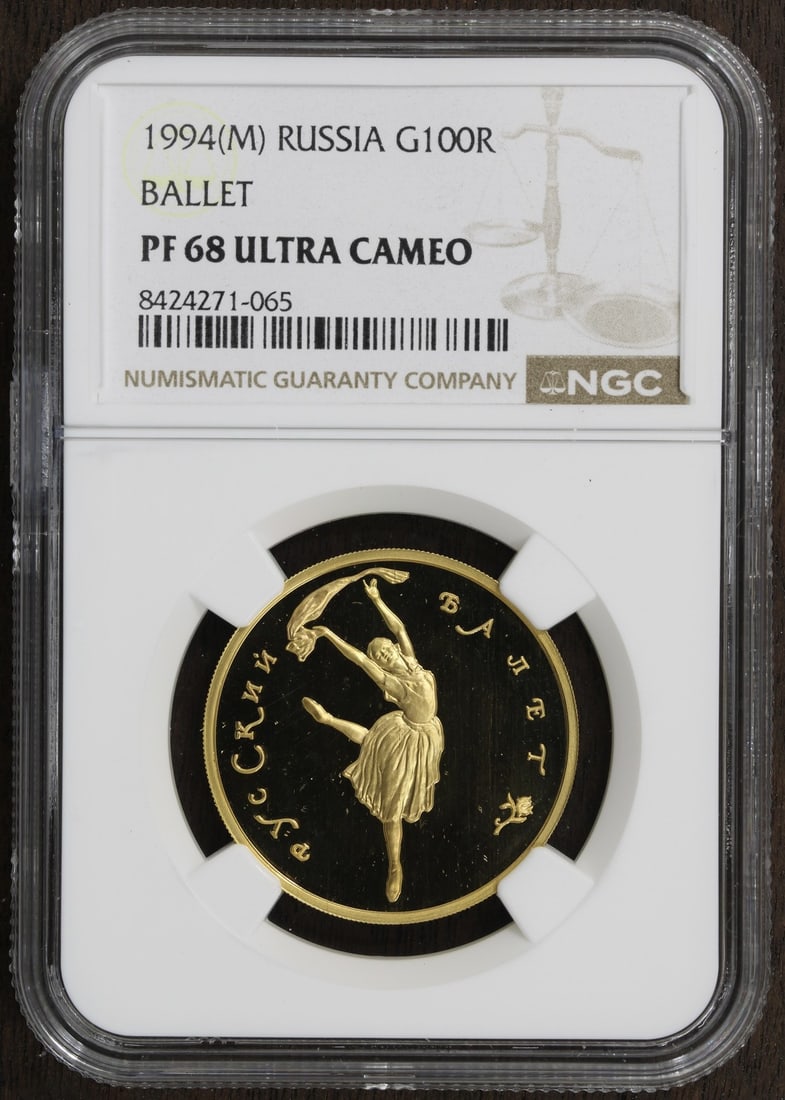 Russia 1994 100 Rouble Half Ounce Gold PF68 NGC Ballet Coin: Russia 1994 100 Rouble Half Ounce Gold PF68 NGC Ballet Coin This 1994-M Russia 100 Rouble coin features a ballet motif and is composed of 1/2 oz gold. Certified by NGC with a grade of PF68, this coin