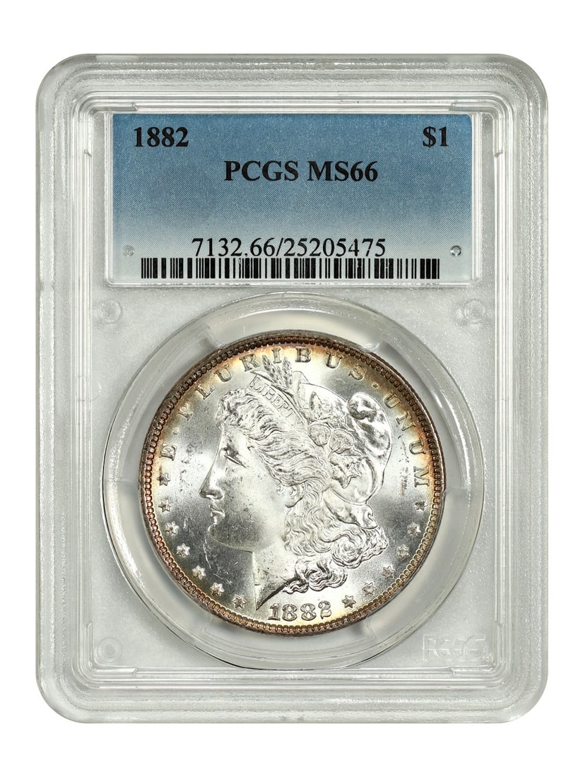 PCGS MS66 1882 Morgan Silver Dollar Uncirculated Philadelphia Mint: PCGS MS66 1882 Morgan Silver Dollar Uncirculated Philadelphia Mint This 1882 Morgan Dollar is graded MS66 by PCGS and was minted in Philadelphia. The coin features frosty white surfaces with orange to