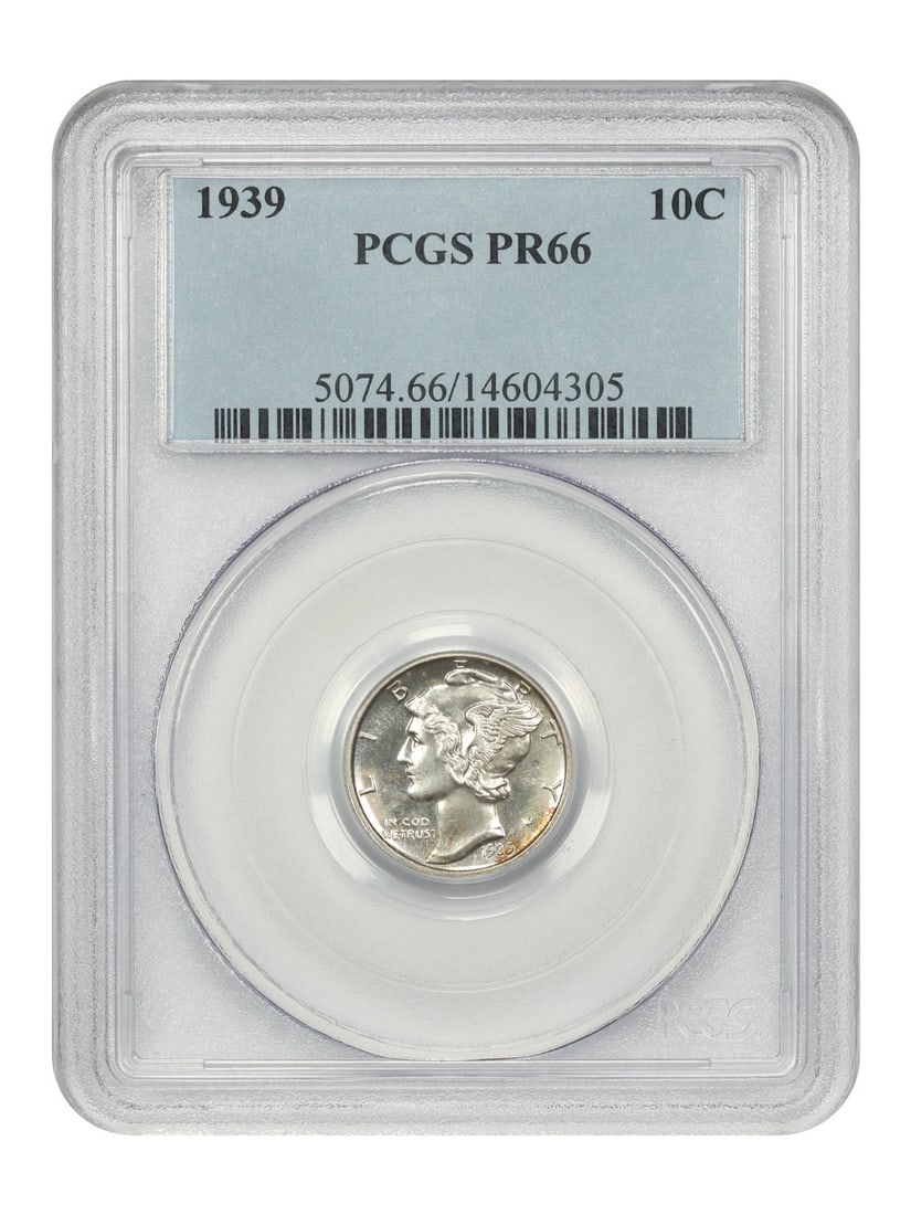 1939 Mercury Dime 10C PCGS PR66 Certified Uncirculated: 1939 Mercury Dime 10C PCGS PR66 Certified Uncirculated This 1939 10C Mercury Dime is certified by PCGS with a grade of PR66, indicating its exceptional quality. Struck at the Philadelphia Mint, this u