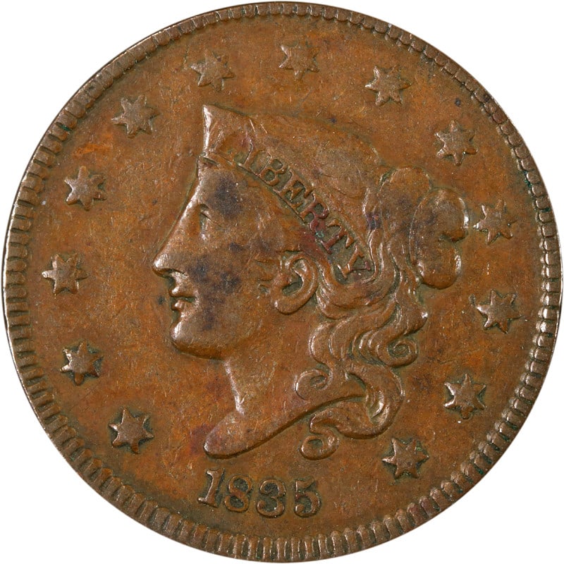 1835 Large Cent Copper Coin Choice++ Circulated Numismatic History: 1835 Large Cent Copper Coin Choice++ Circulated Numismatic History This 1835 Large Cent showcases a stunning Choice++ condition, reflecting its quality and historical significance. Struck from copper,