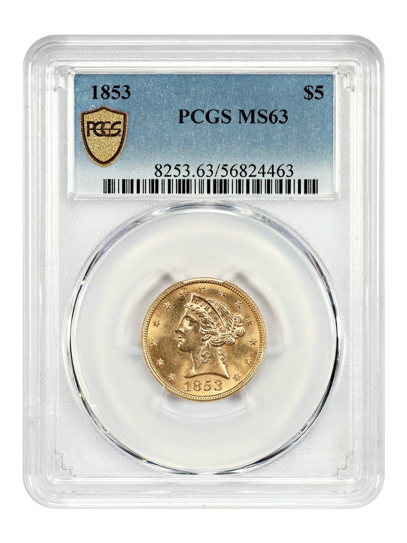 1853 Liberty Head Half Eagle Gold Coin PCGS MS63 Philadelphia: 1853 Liberty Head Half Eagle Gold Coin PCGS MS63 Philadelphia This is an 1853 Liberty Head $5 gold coin graded MS63 by PCGS. Struck at the Philadelphia Mint, this uncirculated Half Eagle features the