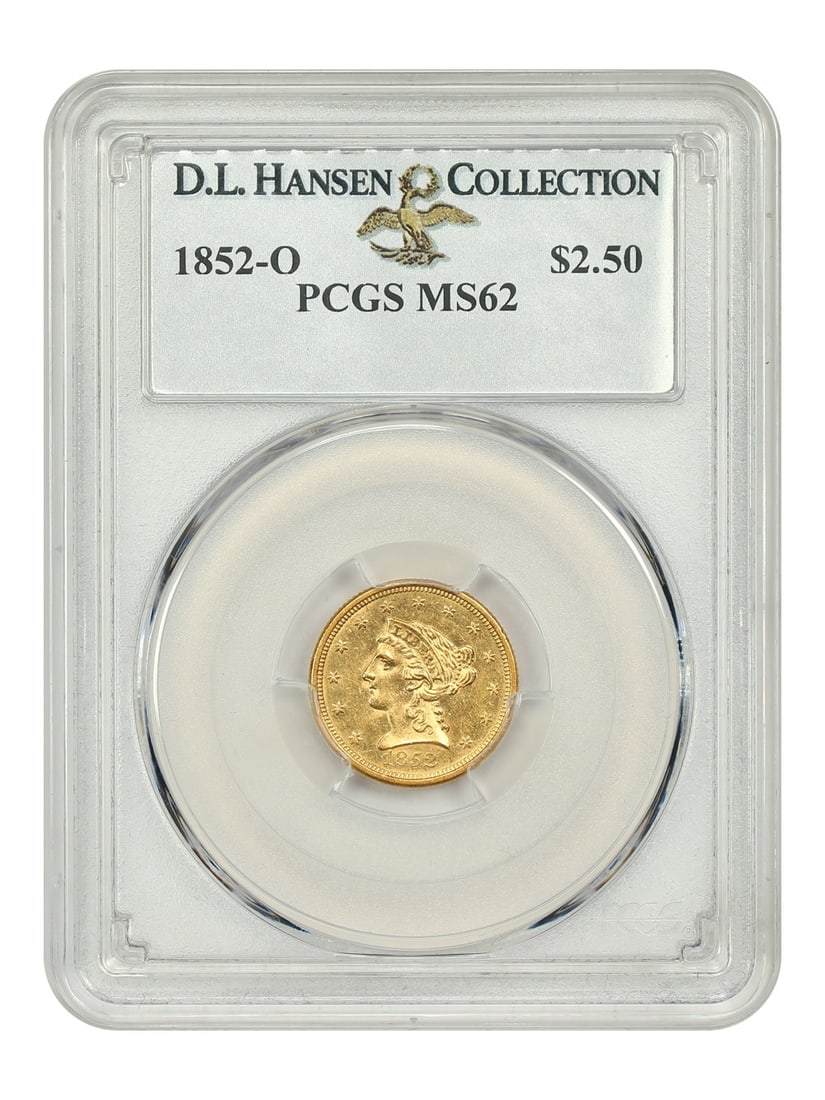 1852-O PCGS MS62 Liberty Head $2.50 Gold Coin: 1852-O PCGS MS62 Liberty Head $2.50 Gold Coin This stunning 1852-O Liberty Head $2.50 gold coin, certified by PCGS with a grade of MS62, showcases remarkable uncirculated quality. Struck at the New Or