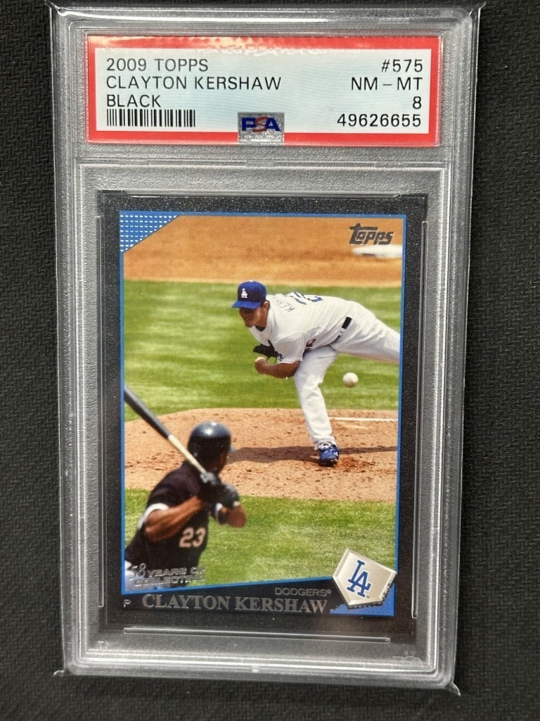 Clayton Kershaw 2009 Topps Black Foil SSP PSA 8 Dodgers Card #575: Clayton Kershaw 2009 Topps Black Foil SSP PSA 8 Dodgers Card #575 This is a Clayton Kershaw 2009 Topps Black Foil SSP baseball card, showcasing the second-year star of the Los Angeles Dodgers. It is g