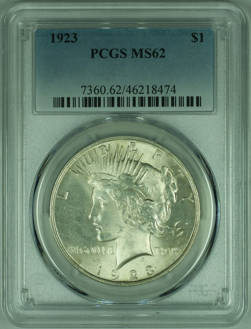 1923 Peace Dollar Silver $1 PCGS MS62 Uncirculated Philadelphia Coin: 1923 Peace Dollar Silver $1 PCGS MS62 Uncirculated Philadelphia Coin This is a 1923 Peace Silver Dollar coin from the United States, certified by PCGS with a grade of MS 62. It is uncirculated and com