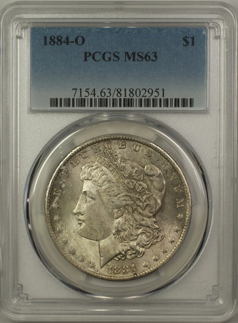 PCGS MS63 1884-O Toned Morgan Silver Dollar New Orleans Mint: PCGS MS63 1884-O Toned Morgan Silver Dollar New Orleans Mint This is an 1884-O Morgan Silver Dollar $1 coin, certified by PCGS with a grade of MS 63. The coin was minted in New Orleans and is composed