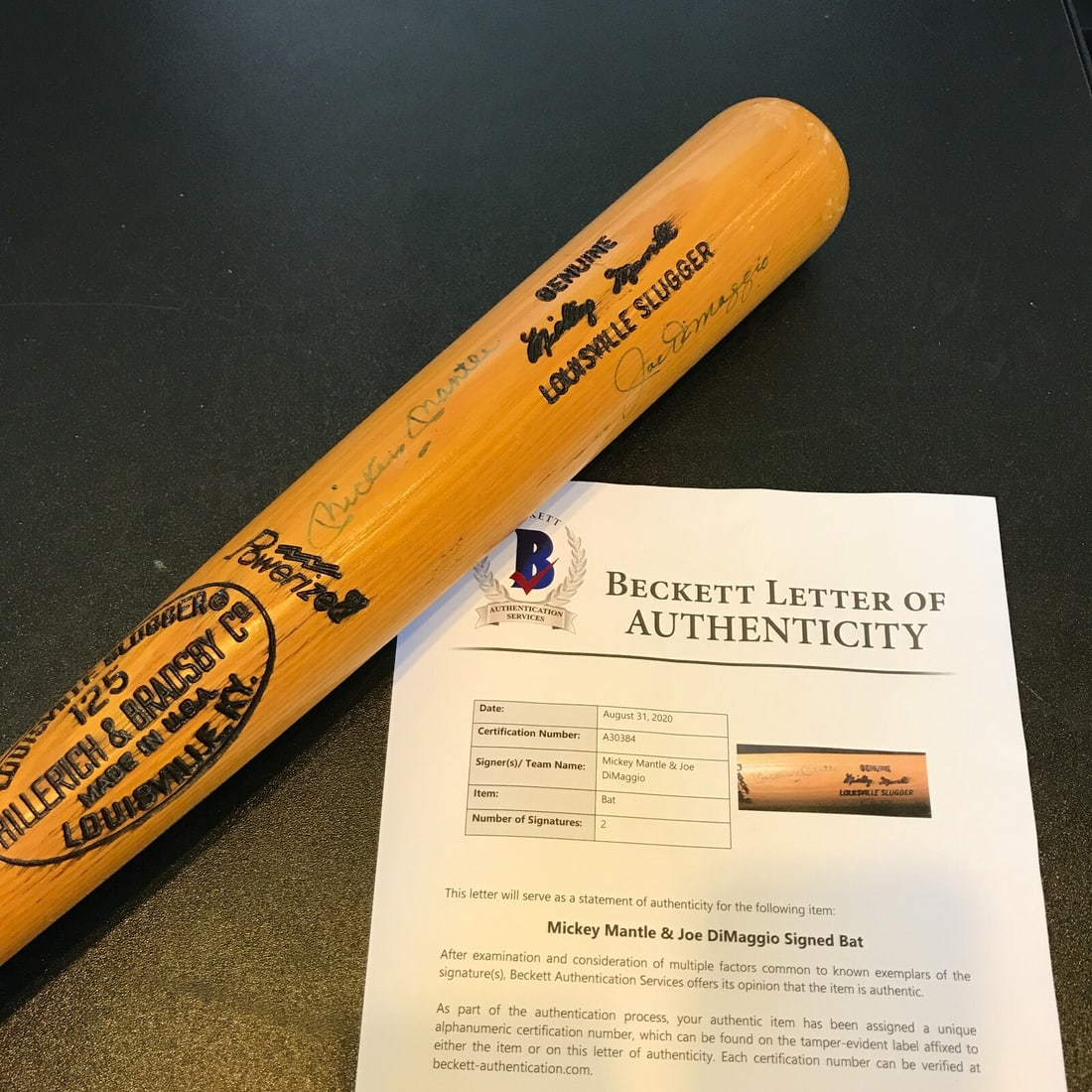 Mickey Mantle Joe DiMaggio Signed Baseball Bat Beckett COA Yankees: Mickey Mantle Joe DiMaggio Signed Baseball Bat Beckett COA Yankees This is an original baseball bat signed by two legendary New York Yankees players, Mickey Mantle and Joe DiMaggio. The bat comes with