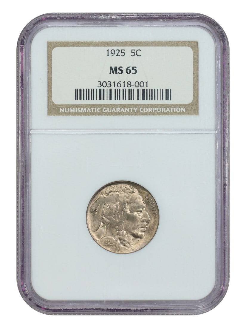 1925 Buffalo Nickel 5 Cent NGC MS65 Graded Coin: 1925 Buffalo Nickel 5 Cent NGC MS65 Graded Coin This is a 1925 Buffalo Nickel with a denomination of 5 cents, minted in Philadelphia. The coin is certified by NGC with a grade of MS65, indicating an u