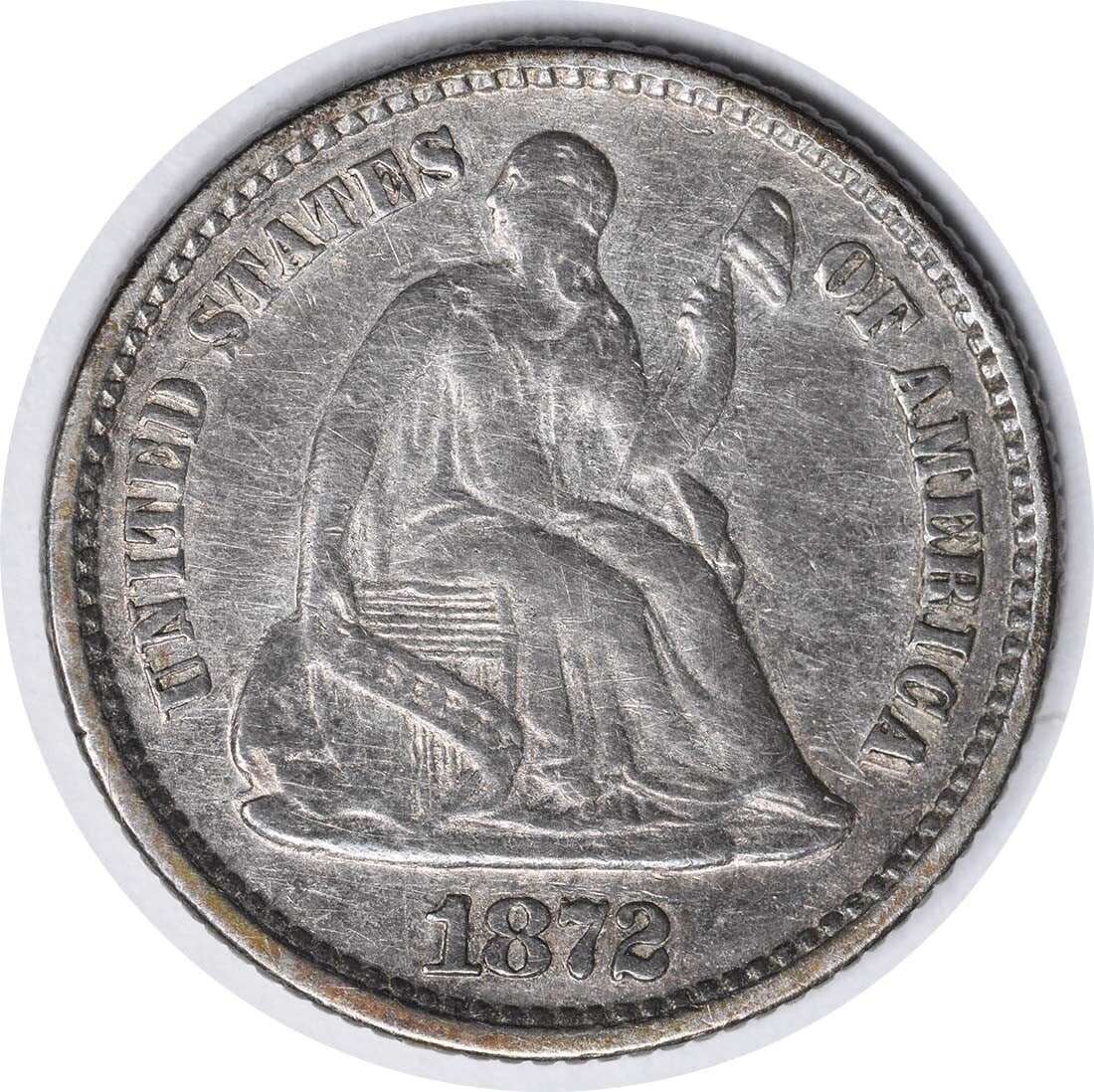 1872 Liberty Seated Half Dime DDO FS-101 90% Silver Circulated: 1872 Liberty Seated Half Dime DDO FS-101 90% Silver Circulated This 1872 Liberty Seated Silver Half Dime features a beautiful design by Robert Ball Hughes and Christian Gobrecht. Struck in Philadelphi