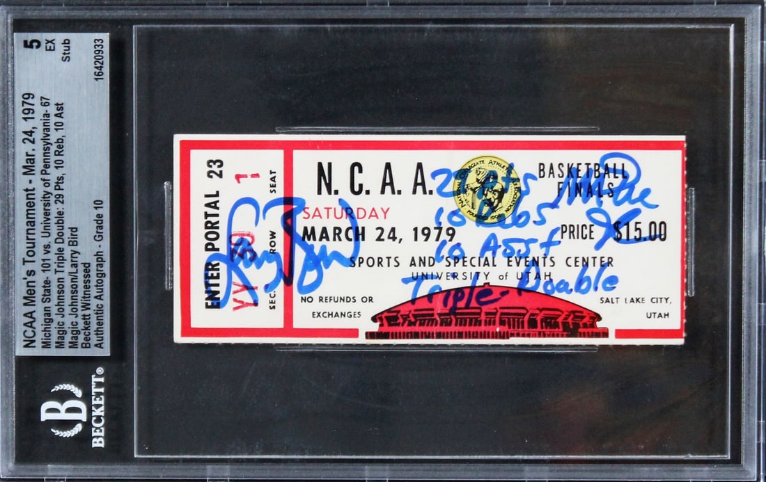 Magic Johnson Larry Bird Signed 1979 NCAA Final Four Ticket Gem Mint 10 Beckett: Magic Johnson Larry Bird Signed 1979 NCAA Final Four Ticket Gem Mint 10 Beckett This remarkable piece of sports memorabilia features the signatures of basketball legends Magic Johnson and Larry Bird.