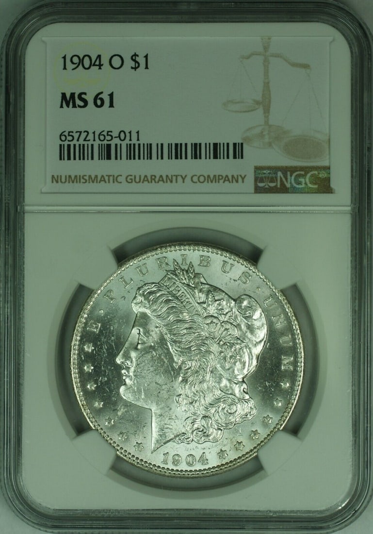 NGC MS-61 1904-O Morgan Silver Dollar New Orleans Mint $1 Coin: NGC MS-61 1904-O Morgan Silver Dollar New Orleans Mint $1 Coin This 1904-O Morgan Silver Dollar is certified by NGC with a grade of MS 61. Minted in New Orleans, this uncirculated coin is composed of