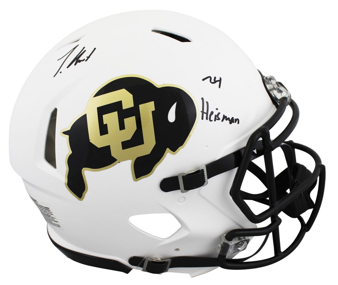 Travis Hunter Autographed White Riddell Helmet 24 Heisman BAS Certified: Travis Hunter Autographed White Riddell Helmet 24 Heisman BAS Certified This authentic white Riddell full-size Speed Proline helmet is personally signed by Travis Hunter of the Colorado Buffaloes, fea