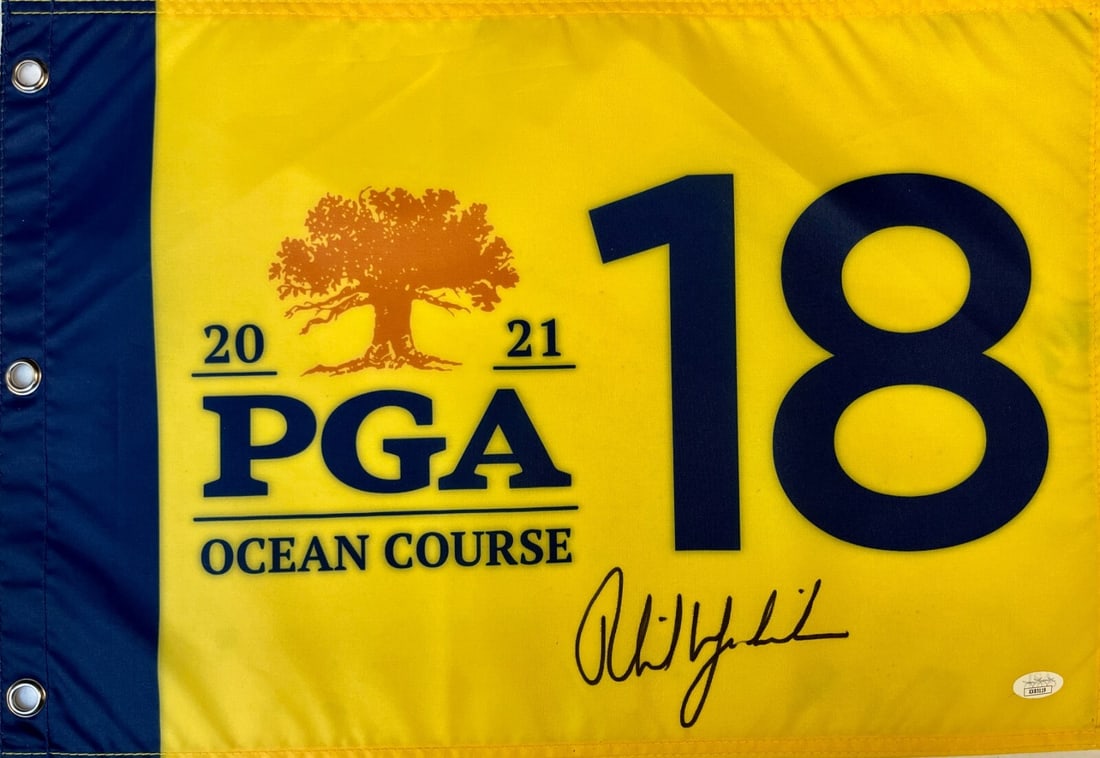 Phil Mickelson Signed 2021 PGA Kiawah Pin Flag JSA Authenticated: Phil Mickelson Signed 2021 PGA Kiawah Pin Flag JSA Authenticated This is an authentic Phil Mickelson signed pin flag from the 2021 PGA Championship held at the Ocean Course in Kiawah Island. The signa