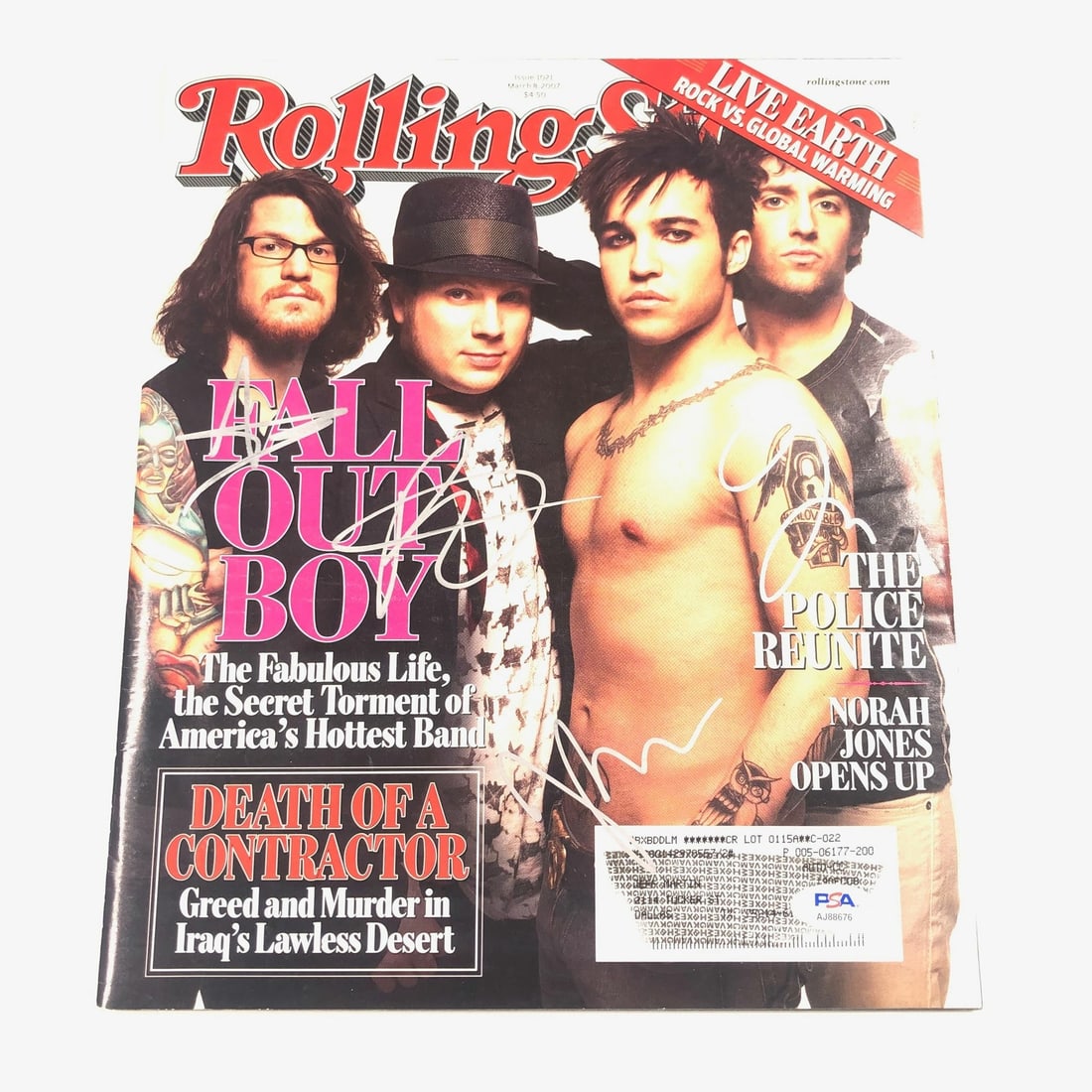 Fall Out Boy Signed Rolling Stones Magazine PSA/DNA Authenticated: Fall Out Boy Signed Rolling Stones Magazine PSA/DNA Authenticated This is an original Rolling Stones magazine featuring the signatures of all four members of Fall Out Boy: Pete Wentz, Andy Hurley, Pat