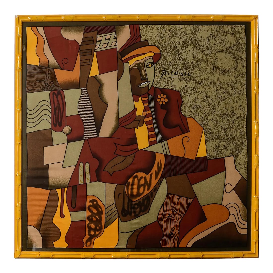 1970s Framed Silk Scarf Featuring Picasso Guitar Player Cubism Art: 1970s Framed Silk Scarf Featuring Picasso Guitar Player Cubism Art This vintage French silk scarf, created in the 1970s, features the Cubist artwork "The Guitar Player" by Pablo Picasso. The scarf is