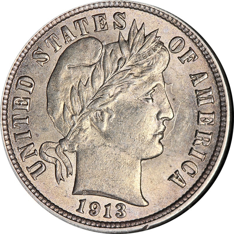 Uncirculated 1913 Philadelphia Barber Dime Silver Coin Brilliant Uncertified BU: Uncirculated 1913 Philadelphia Barber Dime Silver Coin Brilliant Uncertified BU This original 1913-P Barber Dime from the Philadelphia Mint is uncirculated and features brilliant luster, strong strike