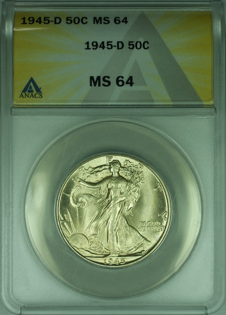 1945-D Liberty Walking Half Dollar Silver ANACS MS 64 Certified Coin: 1945-D Liberty Walking Half Dollar Silver ANACS MS 64 Certified Coin This 1945-D Walking Liberty Silver Half Dollar is an un-used coin graded MS-64 by ANACS. Minted in Denver, it features the iconic L